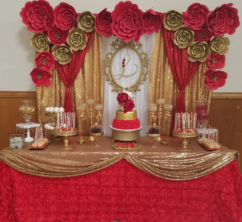 Quinceanera dessert table. 15th birthday party. Red and gold decorations Red And Gold Quince, Quinceanera Red, Red And Gold Wedding, Gold Birthday Decorations, Red Birthday Party, Red Quince, Quinceanera Planning, Quince Decorations, Sweet 16 Decorations