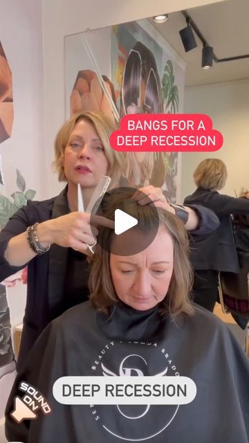 Sonna Jean Brado on Instagram: "Do you have clients with a strong recession area that want full bangs?🙋🏼‍♀️

Try narrowing down the actual fringe section before you cut and keep your elevation low.. this will protect the valuable hair that covers that area! 
@angelbladescissors @sharpscissorsociety 
.
.
#shaghaircut #shaggybob
#bangs #fullbangs #thinhair #thinhairproblems" Bangs Receding Hairline, Bangs For Balding Hair, Bangs To Cover Bald Spot, Tips For Growing Out Bangs, Haircut For Receding Hairline For Women, Bangs On Thinning Hair, Blend Bangs Into Hair, Haircuts For Receding Hairline Women, Medium Shag With Wispy Bangs