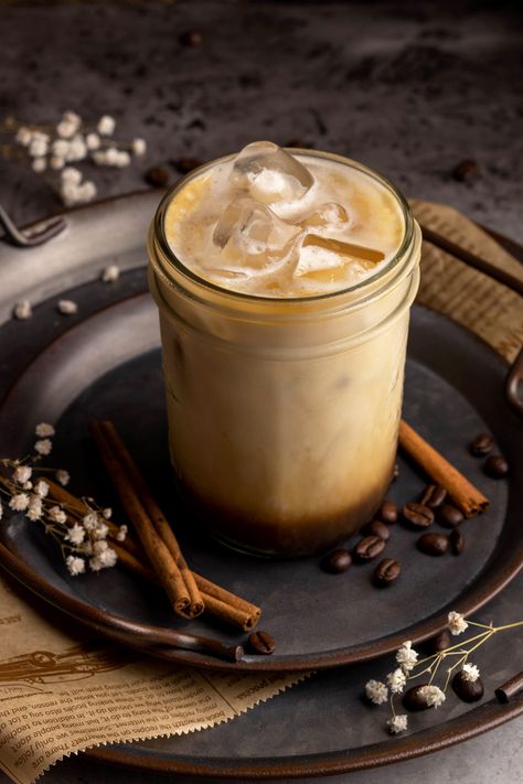 Iced almond milk latte in a jar on a metal tray. Almond Milk Latte, Ice Latte, Homemade Syrup, Classic Cocktails, Mocktails, Almond Milk, Food Photo, Vegan Gluten Free, Vegan Vegetarian