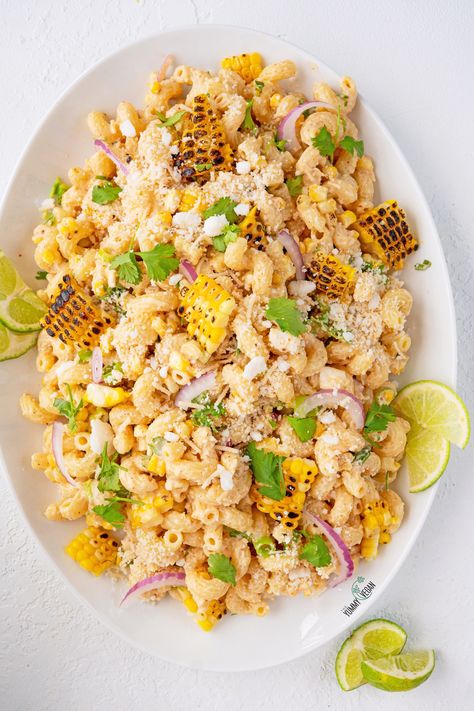 Elote Pasta Salad — The Yummy Vegan Elote Pasta Salad, Elote Pasta, Mexican Style Street Corn, Pasta Salad Summer, Feta Crumbles, Antipasto Pasta Salads, Vegan Feta, Chicken Caesar Pasta Salad, Sandwich Sides