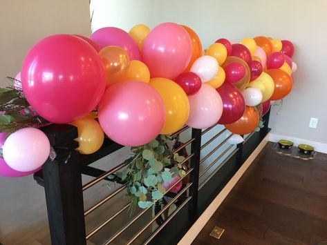 We purchased a balloon arc and instead of the arc we put it on our staircase railing which gave that extra special little touch. It came with big and small balloons for the diversity and we added in some greens to go along with our baby shower theme Balloons On Railing, Balloons On Stair Rail, Balloon Railing, Stair Railing Decor, Staircase Railing, Small Balloons, Staircase Railings, Nye Party, Our Baby