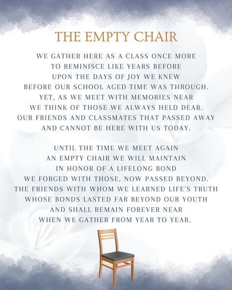 High school reunion remembrance table- The Empty Chair poem free printable https://www.canva.com/design/DAFqnH4gEjo/0YauZM-mRmTAvytaj1wfUw/edit?utm_content=DAFqnH4gEjo&utm_campaign=designshare&utm_medium=link2&utm_source=sharebutton The Empty Chair Poem, Empty Chair Poem, 40th Class Reunion Ideas, Reunion Template, Vw Bus Photo Booth, Bus Photo Booth, Reunion Quotes, Vw Bus Photo, High School Reunion Ideas