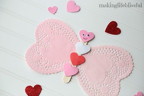 Easy Doily Crafts for Kids | Making Life Blissful Valentines Doily Crafts, Valentine Crafts For Kids Preschool Easy, Heart Doily Crafts, Valentines Crafts With Doilies, Heart Doilies Crafts, Prek Heart Craft, Valentine Doily Craft, Doily Valentine Crafts For Kids, Heart Doilies Crafts Preschool