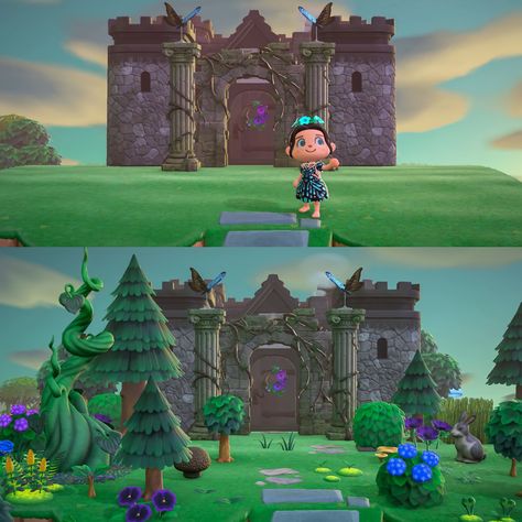 Ta daaaa ✨ We now have a cute lil castle because I feel like that’s a necessity for an enchanted forest island! Also that is my resident rep’s house tucked away in there 🏰 ⁣ There’s also a speed build up on my YT channel, go check it out! 💜 ⁣ #animalcrossingnewhorizons #ACNH #animalcrossing #acnhinspiration #acnhidea #どうぶつの森 #あつ森 #あつ森マイデザイン Animal Crossing Fantasy Theme, Acnh Fantasy Codes, Acnh Dragon, Acnh Whimsical, Acnh Enchanted Forest, Acnh Zelda, Acnh Rooms, Cottagecore Acnh, Acnh Builds