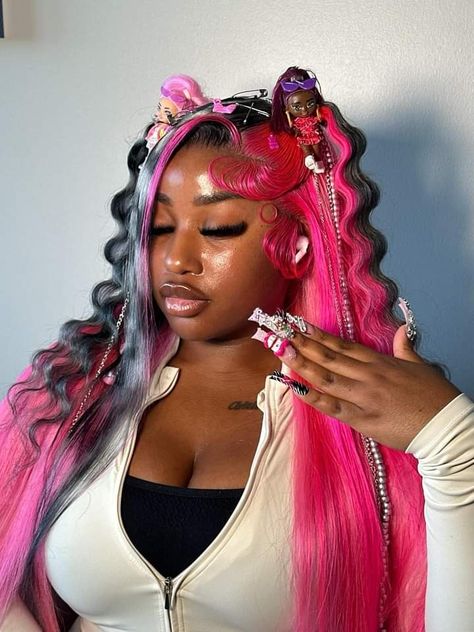 Pink Wig Install Styles, Pink Frontal Wig Install, Black And Pink Lace Front, Pink And Black Wig Install, Pink Wig Install Black Women, Dream Sequence, Baddie Hair, Exotic Hairstyles, Colored Weave