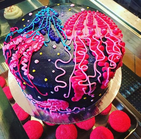 Check out this cool #jellyfish#cake we did for a #birthday#party last weekend!  Our cake decorators love to #create new and #amazing #cakeart!  Call us today to inquire about your next #dreamcake  #jamesandthegiantcupcake#oaklandcakes#cakecakecake #neonjellyfish Jellyfish Birthday Theme, Jellyfish Cupcake Cake, Jelly Fish Cake Ideas, Jellyfish Cake Ideas, Ocean Animal Birthday Cake, Jellyfish Birthday Cake, Jellyfish Birthday Party, Summer Themed Cakes, Summer Theme Cake