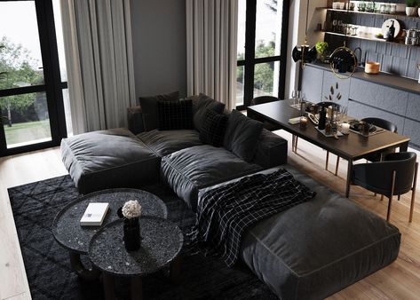 Dark Minimalism Apartment :: Behance Cozy Dark Minimalist Living Room, Minimalist Studio Apartment Men, Studio Apartment Dark Aesthetic, Minimalist Dark Interior, Dark Aethstetic Apartment, Dark Apartment Aesthetic Modern, Dark Tone Apartment, Dark Minimalist Aesthetic Apartment, Dark Furniture Apartment