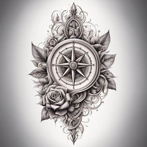 "Timeless Navigation: Ornate Compass & Roses" This vertical tattoo blends an ornate compass with detailed roses and intertwining leaves, embodying the perfect harmony of elegance and direction. Hashtags: #TimelessTattoo #CompassAndRoses #DetailedInk #SymmetricalDesign #TattooInspiration #TattooDesign #tattoos #tattooart #tattooing #tattooideas #tattoodesign #tattooartist #tattooart #tattooinspiration Shield Tattoo Women, Compass Tattoo Ideas For Women, Feminine Compass Tattoo, Vertical Tattoo, Shield Tattoo, Timeless Tattoo, Compass Rose, Perfect Harmony, Compass Tattoo