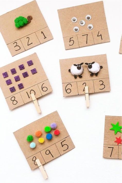 Want to save some money and make your own DIY learning games / activities for your kids!? Check out these cheap and creative ideas for inspiration to get started! #kidscrafts #diygames #craftideas #crafts Numeracy Ideas For Preschool, Montessori Math Kindergarten, Creative Math Activities Preschool, Diy Math Games For Kindergarten, Cognitive Games For Kids, Maths Craft Activities, Education Games For Kids Learning, Math Activity For Kindergarten, Education Games For Kids