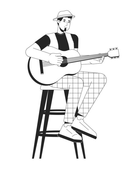 Acoustic guitarist plucking strings black and white cartoon flat illustration. Caucasian man sitting on bar stool 2D lineart character isolated. Music festival monochrome scene vector outline image Guitarist Illustration, Lineart Character, Music Black, Outline Images, White Cartoon, Vector Technology, Black And White Cartoon, Female Guitarist, Man Sitting