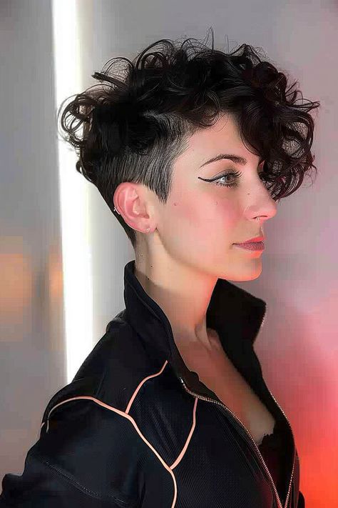 Curly pixie with tapered sides and bold texture Layered Curly Hairstyles, Layered Curly Haircuts, Curly Pixie Cut, Tapered Sides, Layered Curly Hair, Styling Mousse, Curl Definition, Curly Pixie Cuts, Curly Haircuts