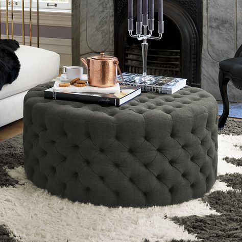 I love these giant ruffed ottomans! Going to have to wait for a giant room to put one in.  piazzasofatuftedottomanAVACJN16 Large Ottoman, Modern Ottoman, Tufted Ottoman, Sofa End Tables, Cocktail Ottoman, Round Ottoman, Black Furniture, Ottoman Coffee Table, Furniture Outlet Stores