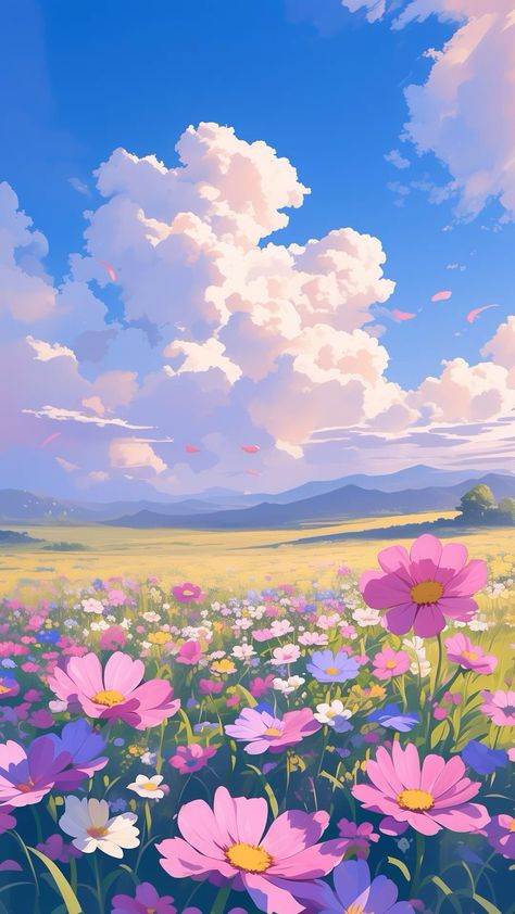 Pastel Nature Wallpaper, Flower Scenery Drawing, Flower Field Drawing, Dreamy Scenery, Adorable Anime, Studio Ghibli Background, Dreamy Artwork, Pastel Landscape, Mangalore