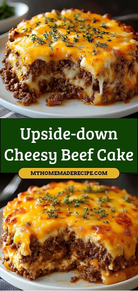 This Upside-down Cheesy Beef Cake is a savory dish that layers ground beef, cheese, and spices, topped with a golden, cheesy crust. A fun and delicious twist on a classic meatloaf, perfect for any occasion. Ingredients: 1 lb ground beef 1/2 cup shredded cheese 1/2 cup breadcrumbs 1/4 cup ketchup An easy and flavorful weeknight dinner that the whole family will enjoy Recipes With 1lb Ground Beef, Casserole Ground Beef, Cheesy Meatloaf, Shredded Beef Recipes, Beef Cake, Traditional Meatloaf, Ground Beef Seasoning, Food For Dinner, Beef Dinner Recipes