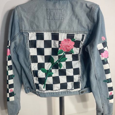 Rue 21 size medium blue Jean jacket Letterman Jacket Aesthetic, Jacket Aesthetic, White And Pink Roses, Blue Jean Jacket, Painted Denim, Letterman Jacket, Rue 21, Rue21, Jean Jackets