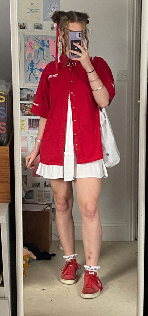 Sixth form red button up shirt with white mini dress and red trainers, trendy cute outfit inspo inspiration fit business casual Red Button Up Outfit, Red Button Up, Red Button Up Shirt Outfit, Button Up Dress Outfit, Red Dress Outfit Casual, Trio Outfits, Red Button Up Shirt, Concert Fit, 90s Inspired Outfits