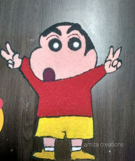 Cartoon character Shinchan rangoli design Cartoon Characters Rangoli, Funny Rangoli Designs, Shinchan Rangoli Designs, Anime Rangoli, Cartoon Embroidery Patterns, Cartoon Rangoli For New Year, Cartoon Kolam Designs, Cartoon Rangoli Designs For New Year, Rangoli Cartoon Design