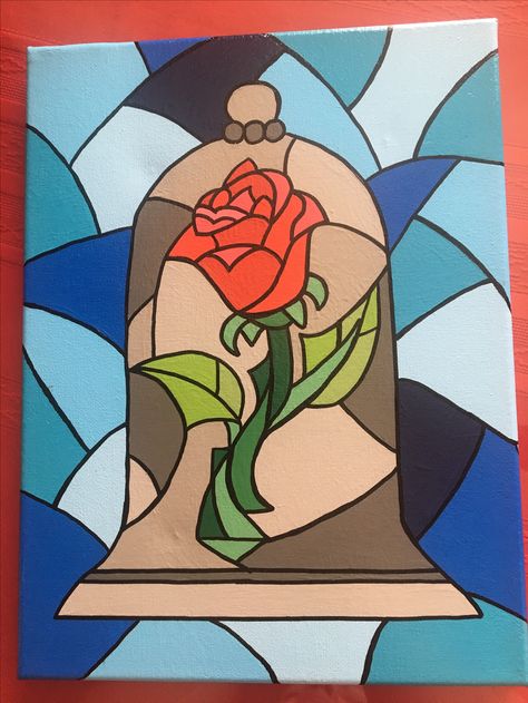 . Beauty and the Beast. 9x12 canvas with acrylic paints, black oil based marker, and ModPodge glossy finish Disney Love Paintings Easy, Disney Paintings Easy Beauty And The Beast, Very Big Canvas Painting Ideas, Beauty And The Beast Stained Glass Rose, Beauty And Beast Painting, 9x12 Canvas Painting Ideas Easy, 24x36 Painting Ideas, Easy Beauty And The Beast Painting, Big Canvas Painting Ideas Disney