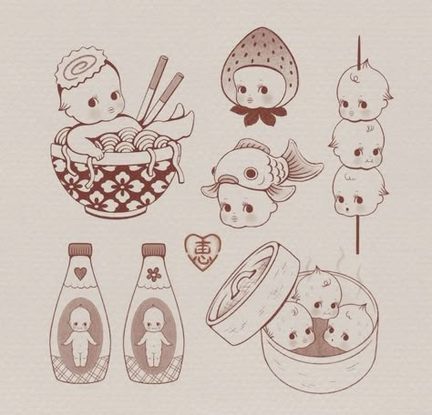 Cool Designs For Tattoos, Flash Sheet Themes, Kawaii Tattoo Flash Sheet, Kewpie Baby Drawing, Measuring Cup Tattoo, Food Flash Tattoo, Zodiac Kewpie, Kewpie Tattoo Traditional, Kewpie Flash