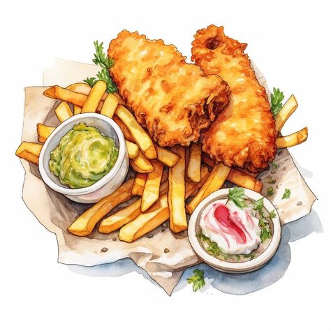 Fries With Ketchup, Chicken And Chips, Fish N Chips, Foodie Art, Food Clipart, Food Illustration Art, Crispy Fried Chicken, Tuna Recipes, Food Painting