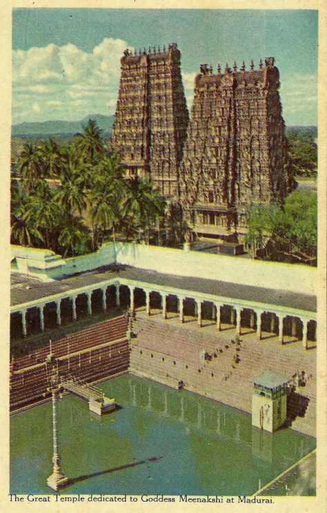 Madurai Meenakshi Temple Vintage postcard printed by Ministry of Information & Broadcasting, Government of India Madurai Meenakshi Temple, Goddess Meenakshi, Meenakshi Temple, Godavari River, Hindu Cosmos, Temple India, Indian Temple Architecture, Agra Fort, Rural India