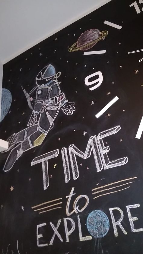 Kitchen ideas chalk inspiration - cosmonaut is exploring Black Board Decoration Ideas School, Chalk Inspiration, School Decoration, Chalk Wall, Birthday Illustration, Chalkboard Designs, Cape Canaveral, Black Board, Work Art