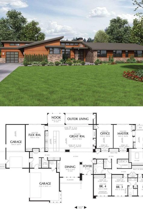 Sprawling One Story House Plans, One Story House Exterior Modern, Mountain Modern Home Exterior Architectural Designs House Plans, One Level Floor Plans 4 Bedroom, Modern Single Story Floor Plans, One Story Contemporary Homes, Floor Plan Mid Century Modern, New Home Plans Modern, Luxury Home Layout Floor Plans