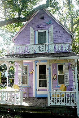 Gingerbread cottage in Oak Bluffs, Martha's Vineyard.  This one is called "Rivendell." Purple House, Cute Cottages, Little Cottages, Cottage Cabin, Dream Cottage, Cute House, Cots, Cabins And Cottages, Cottage Living