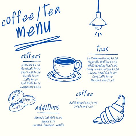 Coffee? Tea? Espresso? We’ve got what you need to get through the day! #alysbeach #coffeeshop #beachcafe Cafe Breakfast Menu Ideas, Cafe Menu Illustration, Coffee Menu Aesthetic, Coffee Bar Logo, Coffee Menu Design Ideas, Menu Cafeteria, Coffee Cafe Menu Design, Brunch Menu Design, Coffeeshop Logo