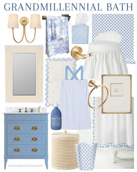 Grand Millennial Guest Bathroom, Grandmillineal Bathroom, Grand Millennial Neutral, Grand Millenial Bathrooms, Grand Millennial Shower Curtain, Coastal Grandaughter Bathroom, Powder Blue Bathroom Ideas, Grandmillenial Bathrooms, Bathroom Grandmillenial