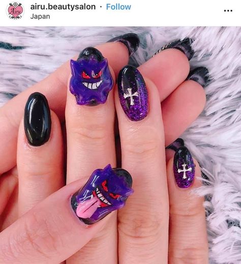 Pokemon Nails Gengar, Gengar Nail Art, Gengar Costume, Gengar Nails, Cosplay Claws, Pokemon Nails, Nails Subtle, Press On, Short Gel Nails