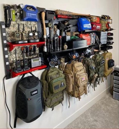 Home & DIY organization and storage ideas . #homeimprovements #homeprojects #homeideas #storageideas #storageprojects #homestorage #organization #storageimprovements #organizationideas #storageroom #storageroomideas #shelves #wallshelf #shelfideas #diyshelf #shelfprojects Outdoor Gear Storage, Tactical Gear Storage, Camping Gear Storage, Home Inspo Modern, Survival Skills Emergency Preparedness, Home Inspo Living Room, Gear Room, Home Inspo Cozy, Hunting Room