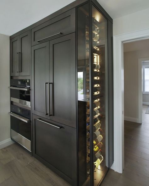 No Wall Kitchen, Kitchen Design With Wine Fridge, Wine In Kitchen Ideas, Basement Bar With Tall Wine Fridge, Kitchen Ideas Fridge Cabinets, Glass Wine Cooler Wall, Kitchen Bar With Wine Fridge, Kitchen Wine Fridge Ideas, Kitchen Wine Display