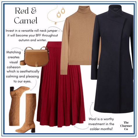 Red Red Midi Skirt Outfit Winter, Red Skirt Cream Sweater, Red Pleated Winter Skirt, Red Winter Midi Skirt, Red Midi Skirt Outfit, Chic Red Pleated Midi Skirt, Red Cashmere Winter Top, Midi Skirt Outfit Winter, Navy Wool Coat