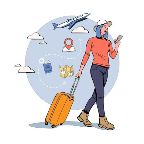 Vector illustration woman is planning a ... | Premium Vector #Freepik #vector #travel-illustration #traveling #travel #traveling-background Traveling Background, Tourism Illustration, Travel Vector Illustration, Trip Illustration, Nanak Jayanti, Guru Nanak Jayanti, Illustration Woman, Magazine Ideas, Friends Illustration