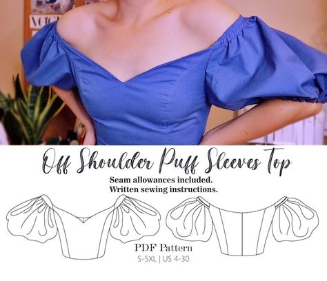 Sweetheart Neckline Top With off Shoulder Puff Sleeves PDF Sewing Pattern US 4 30 S 5XL - Etsy Canada Puff Sleeves Top, Sweetheart Neckline Top, Sewing Elastic, Couture Mode, Diy Sewing Clothes, Pdf Sewing Patterns, Sleeves Pattern, Sewing Techniques, Sewing Clothes