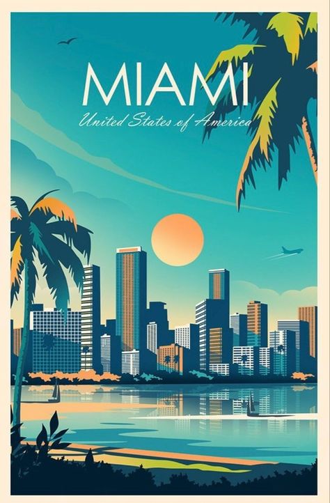 Florida Travel Poster, Miami Postcard, Miami Illustration, Miami Poster, Miami Posters, Vintage Style Poster, Miami Tattoo, Miami City, Miami Travel