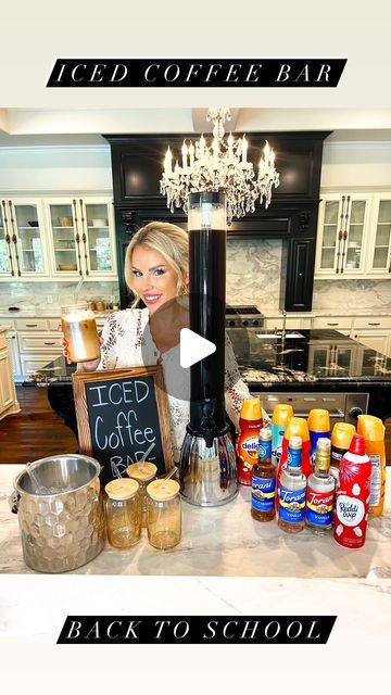 Macy Blackwell on Instagram: "Iced Coffee Bar!☕️ Invite your mom friends over on the first day of school and set up this cute and much needed coffee station!   Fill up the tower with cold brew! This one takes 2 jugs (I used Starbucks blonde roast), and the frozen middle will keep it chilled!   Add cute iced coffee glasses (got these at TJ Maxx), ice, variety of creamers, syrups, and whipped cream!   Linked in my LTK!   #backtoschool #coffeebar #icedcoffee #familyfun #schooltime" Coffee And Dessert Bar, Iced Coffee Station, Ice Coffee Station, Cold Brew Bar Party, Brunch Iced Coffee Bar, Iced Coffee Bar For Party, Ice Coffee Bar, Party Coffee Bar Ideas, Coffee Bar Ideas Party