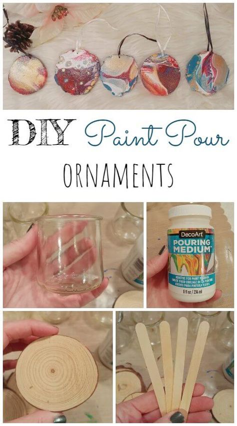 DIY Paint Pour Ornaments Paint Pour Ornaments, Christmas Projects For Kids, Easy Diy Paint, Macrame Wall Hanging Patterns, Wooden Christmas Trees, Wooden Christmas Ornaments, Wood Christmas Ornaments, Holiday Crafts Christmas, Wooden Ornaments