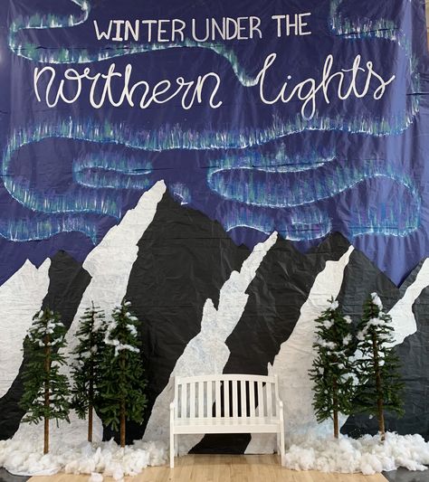 Winter Dance Decorations Diy, Northern Lights Backdrop, Northern Lights Dance Decorations, Northern Lights Bulletin Board, Aurora Borealis Decorations, Northern Lights Themed Dance, Northern Lights Decorations Ideas, Northern Lights Party Decorations, Winter Concert Decorations