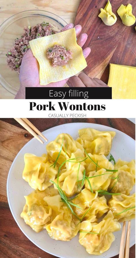 Large plate of pork wontons and how to wrap wontons Food With Wonton Wrappers, Wonton Stuffing Recipe, Wonton Pork Filling, Homemade Pork Wontons, Pork Won Ton Recipes, Asian Wonton Recipes, Chinese Wontons Recipes, Chinese Wonton Recipes Filling, Vietnamese Dumplings Recipe