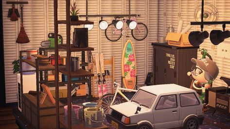 Acnh Garage Ideas, Animal Crossing Garage, Acnh Garage Design, Acnh Garage, Acnh Interior, Paradise Garage, Animal Crossing New Horizon, Animal Crossing Funny, Acnh Inspo