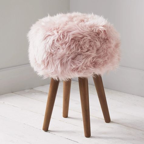 Stool created from luxury soft New Zealand sheepskin with solid oak legs.Product Dimension: 30 L x 30 W x 45 D Puff Seat, Fluffy Stool, Sheepskin Stool, Pink Office Chair, Hill Interiors, Small Stool, Wood Stool, Pink Bedroom, Pink Colour