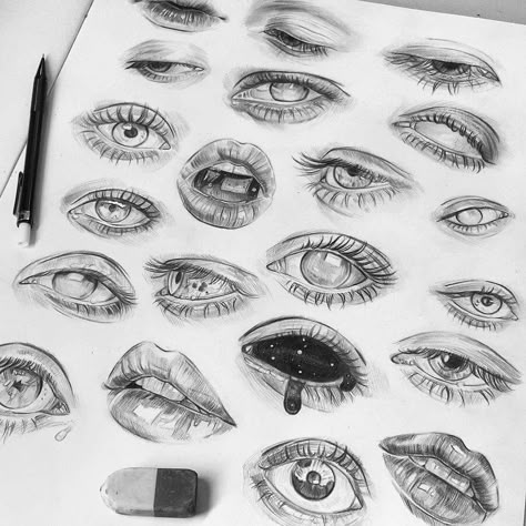 Portraits Features and Drawings Studies. To see more, larger size art and information about Tomasz Mro, click the image. #eyes #lips #mouth #face #features 심플한 그림, Realistic Eye Drawing, Mouth Drawing, Eye Drawing Tutorials, Drawing Eyes, Sketchbook Drawings, Drawing Studies, Painting Inspo, Arte Inspo