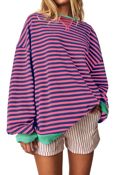 PRICES MAY VARY. 【What Material We Use】: We believe in providing our customers with the best quality products. Women oversized striped sweatshirt is made of high quality cotton blend, it is super soft, stretchy, breathable and skin-friendly, to keep you comfortable and relaxed all day, suitable for Spring, Summer and Autumn. 【Colorblock Tops Chic Design】: Color block striped sweatshirt for women girls, crew neck long sleeve drop shoulder shirt top, ribbed neck, cuffs and hem, loose fit. The uniq Cute Striped Sweaters, Cute Tops For School Casual, Clothes 2024 Trends, High Fashion Colorful, Crew Neck Sweatshirt Design, Gen Z Fall Fashion, Where To Buy Cute Tops, Casual Day Outfits Summer, Cute Amazon Clothes