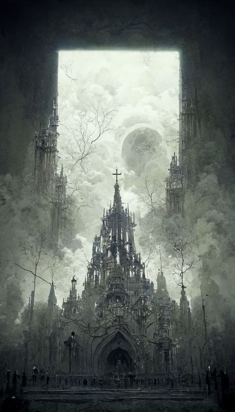 Cathedral Painting Gothic, Gothic Landscape Art, Giant Architecture, Gothic Cathedral Drawing, Gothic Asethic, Gothic Cities, Cathedral Concept Art, Gothic Cathedral Aesthetic, Gothic Church Aesthetic