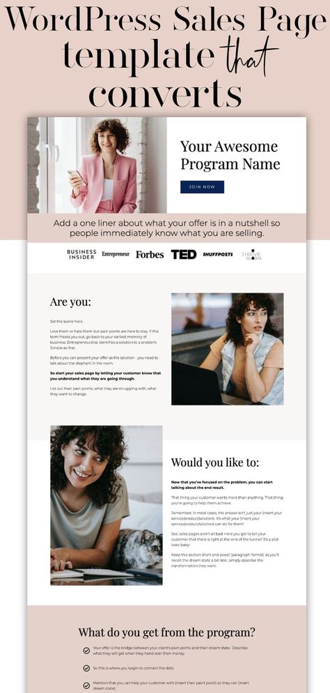 WordPress Sales Page Template Canva Sales Page Template, Coaching Sales Page, Course Sales Page Design, Sales Page Design Inspiration, Online Course Website Design, Course Website Design, Sales Page Design, Google Site Templates, Coffee Site