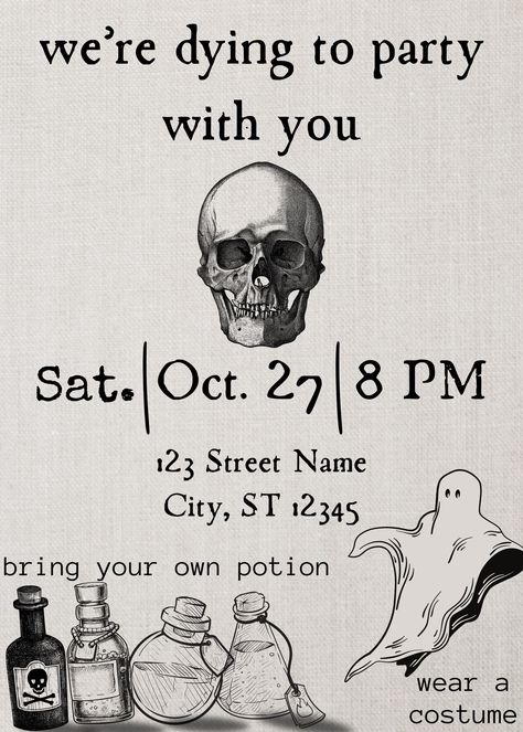 Happy Halloween! This simple, eerie halloween party invitation can be customized for your upcoming get together! I hope this invitation helps bring people together to celebrate your friends/kids and create special memories you'll never forget! THIS IS A DIGITAL DOWNLOAD, NO PHYSICAL PRODUCTS WILL BE SHIPPED PRODUCT DETAILS: Format: Digital Download (.pdf) Size: 5"x7" portrait invitation After Purchase, you will receive a confirmation email with a PDF document attached. Open that document and cli Invitation Card Halloween, Halloween Invitation Ideas Diy, Cute Halloween Invitations, Halloween Themed Party For Adults, Halloween Dinner Invitations, Halloween Invations Ideas, Halloween Themed 30th Birthday Party, Halloween Invite Template, Halloween Invite Ideas