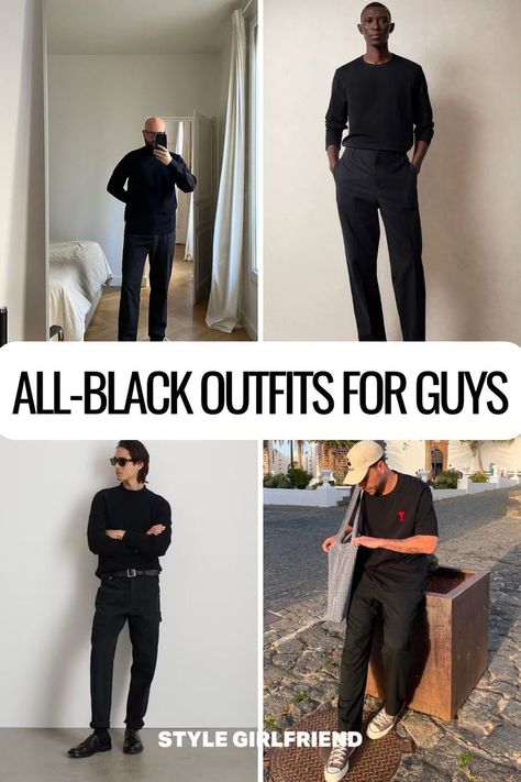 Looking for ideas on how to wear all black outfits without looking boring? Check out this roundup of all-black outfits for men on stylegirlfriend.com | all black outfit men street styles, all black outfit men formal, all black outfit men classy, all black outfit men casual, all black outfit men aesthetic, all black outfit men casual classy, all black outfit men casual street style, all black outfit men summer Mens All Black Outfit Street Style, All Black Fashion Men, Men’s Black Outfits, Black Outfit Men Classy, Black Outfit Men Summer, Formal All Black Outfit, Black Outfit Men Aesthetic, All Black Outfit Men Casual, All Black Closet