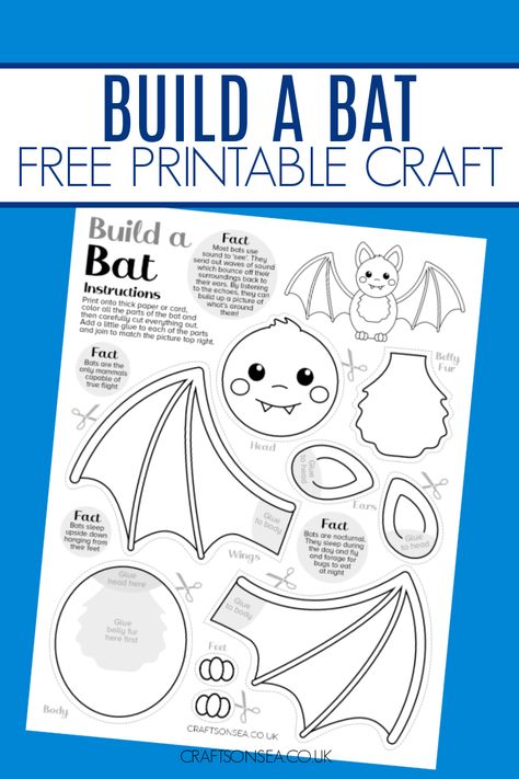 Grab our build a bat printable craft that's perfect for Halloween. Print out the free download and color, cut and paste to make your bat! Bats Crafts Preschool, Bat Activities For Kids, Kindergarten Halloween Crafts, Bats Activities, Bat Printable, Halloween Bats Crafts, Bats For Kids, Easy Preschool Crafts, Bat Craft